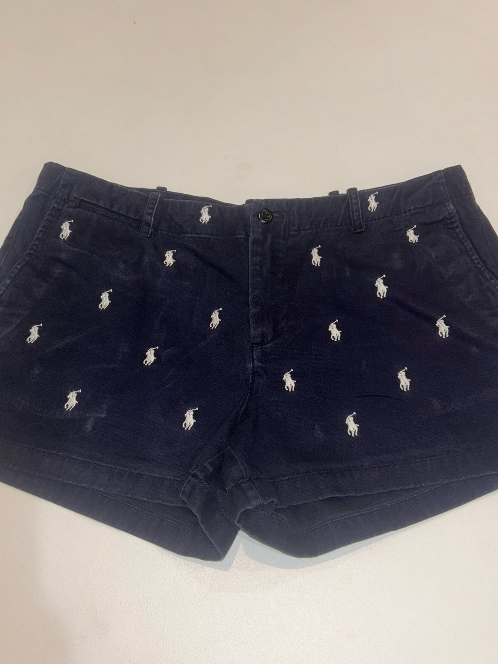 Ralph Lauren Womans Sz 14 VTG Navy White All Over Pony Print Embroidered Shorts